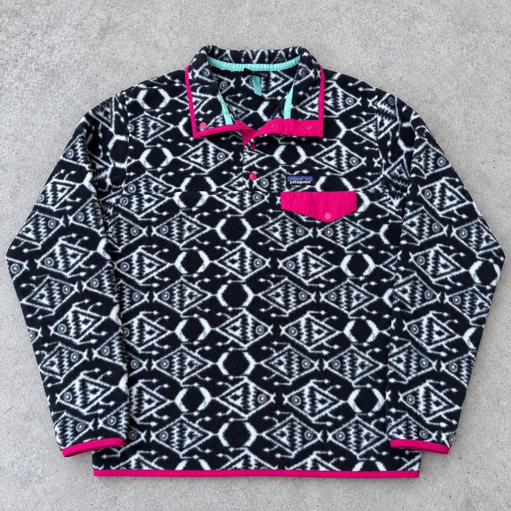 Patagonia Synchilla Snap T Fleece Pullover XL Black White Pink BiG Fish Ikat